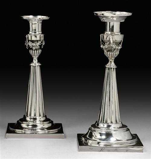 Appraisal: PAIR OF CANDLESTICKS Neu-Hanau ca With maker's mark Fluted conical