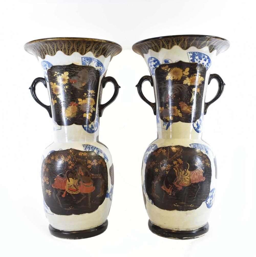 Appraisal: LARGE PAIR JAPANESE PORCELAIN AND LACQUERED VASESLate th early th