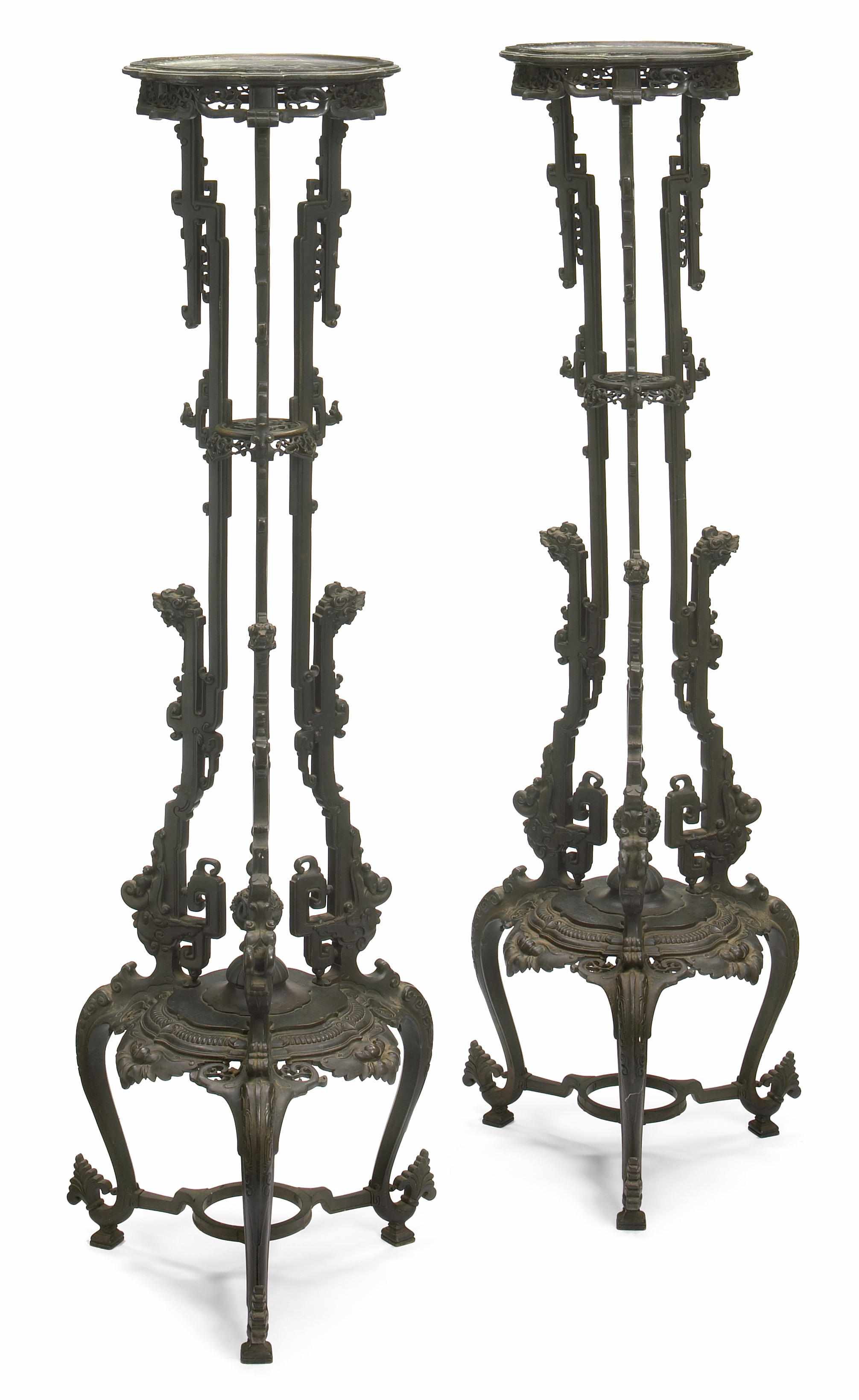 Appraisal: A pair of French patinated bronze pedestals th century In