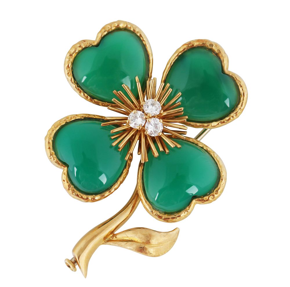 Appraisal: VAN CLEEF ARPELS CELADON AND DIAMOND BROOCH VAN CLEEF ARPELS