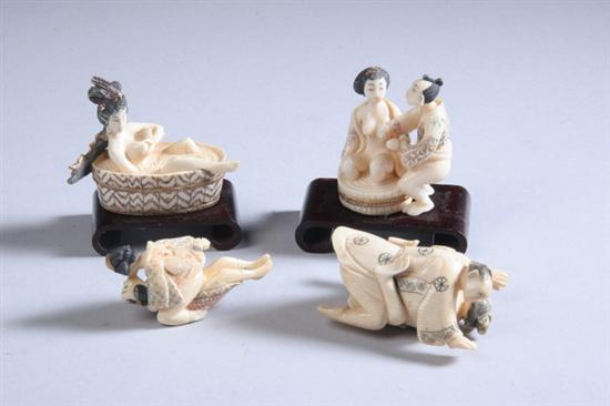 Appraisal: FOUR JAPANESE IVORY EROTIC OKIMONO Three depicting amorous couples one