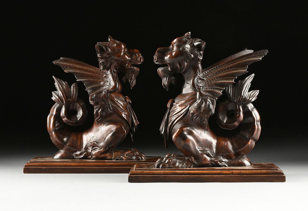 Appraisal: A PAIR OF ITALIAN RENAISSANCE REVIVAL WALNUT DRAGONS LATE TH