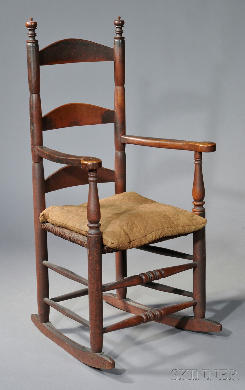 Appraisal: Red-painted Slat-back Armed Rocking Chair New England mid- th century