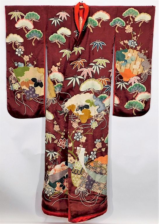 Appraisal: Meiji Period Maroon Painted Fans Uchikake Kimono Japan Circa Hand