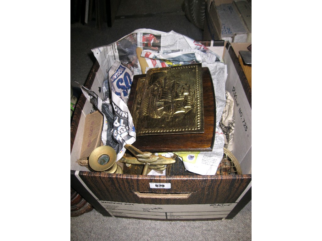 Appraisal: Box of assorted brassware including letter rack candlesticks etc