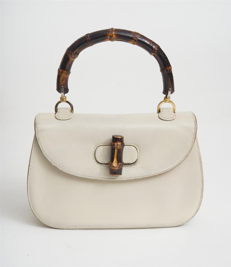 Appraisal: GUCCI WINTER WHITE LEATHER HANDBAG WITH BAMBOO HANDLE Stamped 'Gucci'