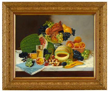 Appraisal: American School th centuryabundant still life with fruit cheese and