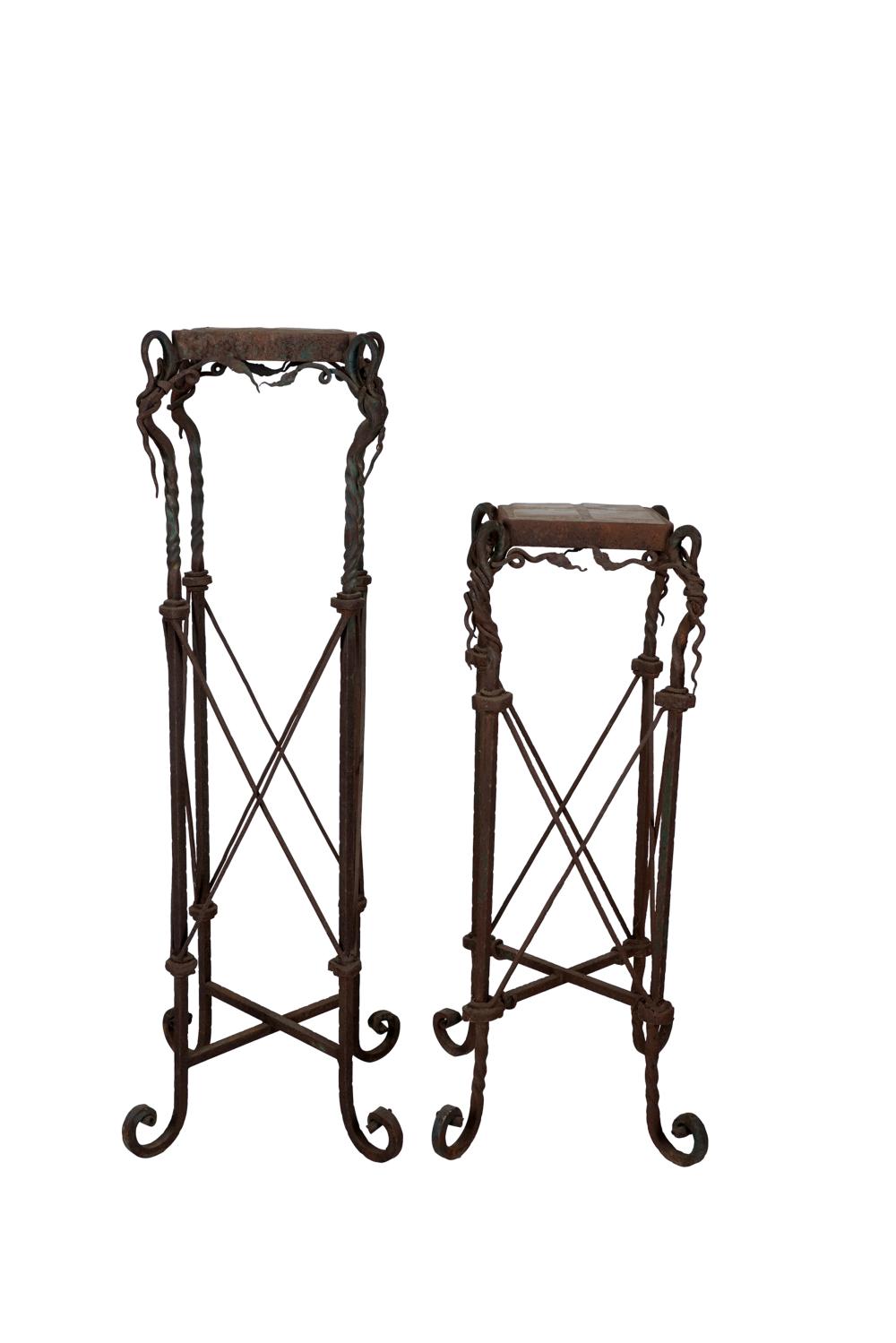 Appraisal: PAIR OF IRON TILE PEDESTALS PLANT STANDSeach with square top