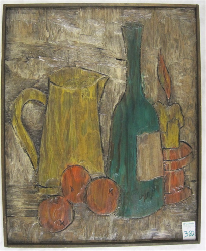 Appraisal: JEAN-CLAUDE GAUGY French born CARVED WOOD PLAQUE depicting tabletop still-life