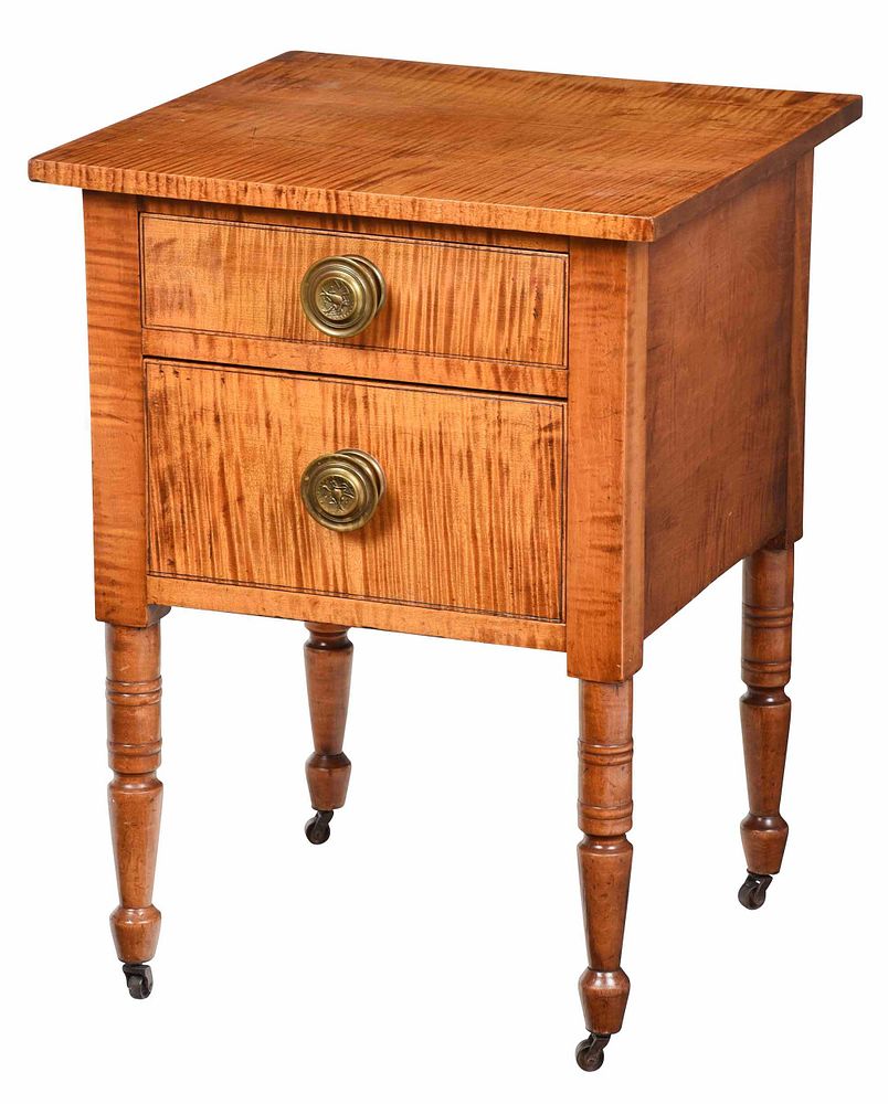 Appraisal: American Federal Tiger Maple Two Drawer Table probably Erie County