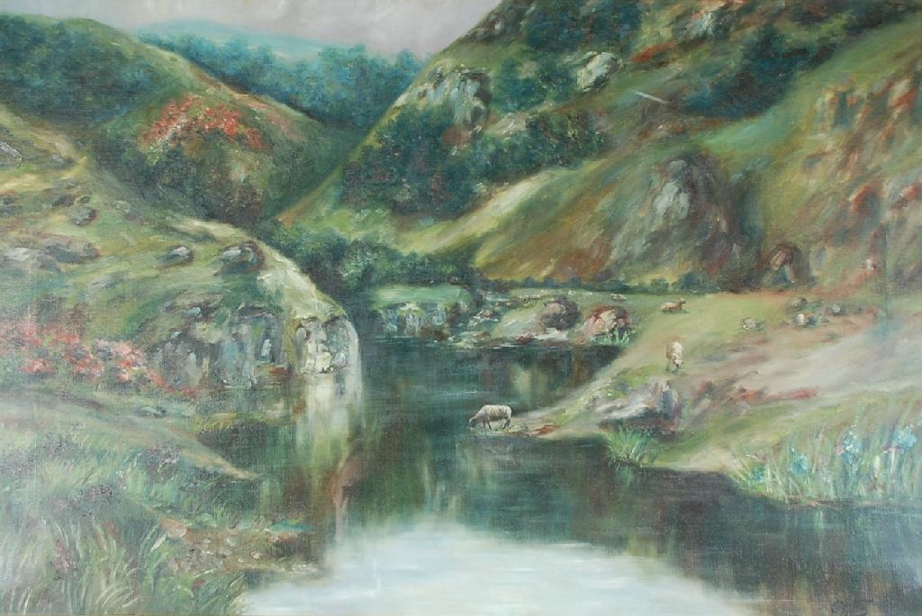 Appraisal: O HILTON OIL PAINTING ON CANVAS Mountainous river landscape with