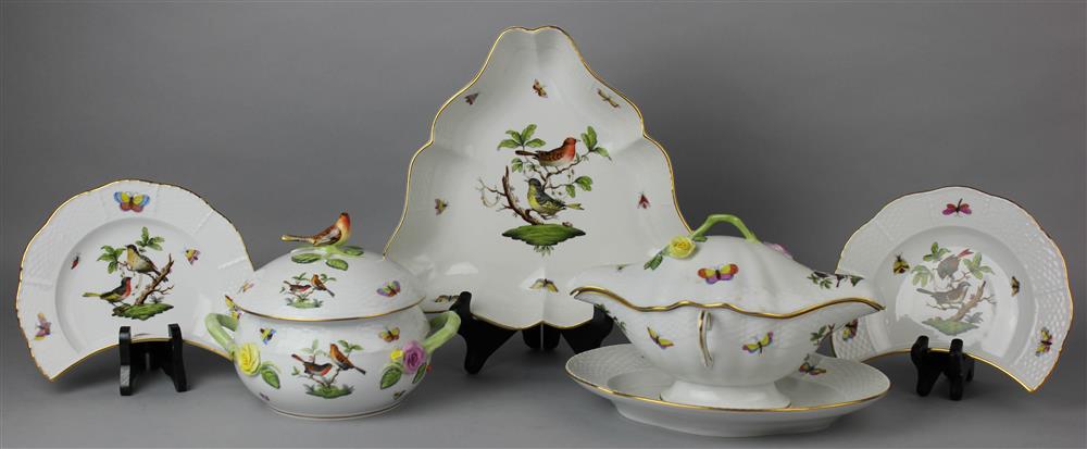 Appraisal: THREE HEREND 'ROTHSCHILD BIRD' PATTERN SERVING PIECES AND TWO SALAD