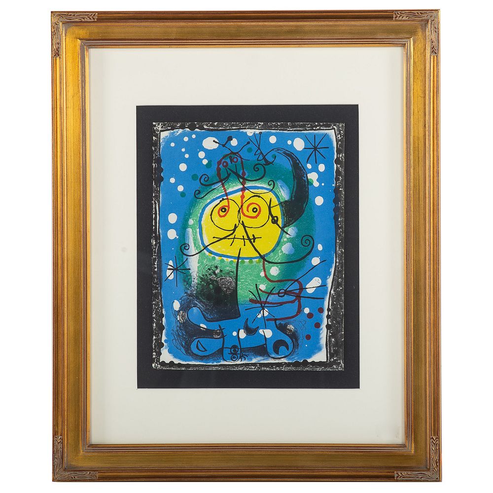 Appraisal: Joan Miro Figure on a Blue Background litho Spanish -