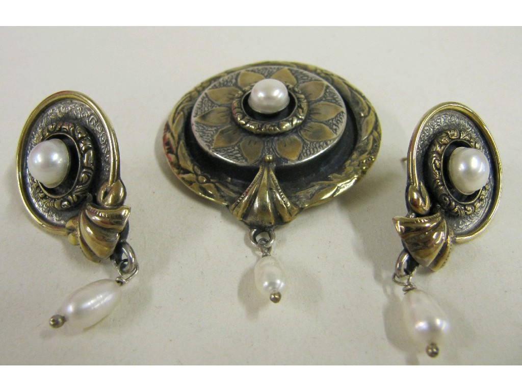 Appraisal: Silver gilt brooch and earrings set with cultured pearls