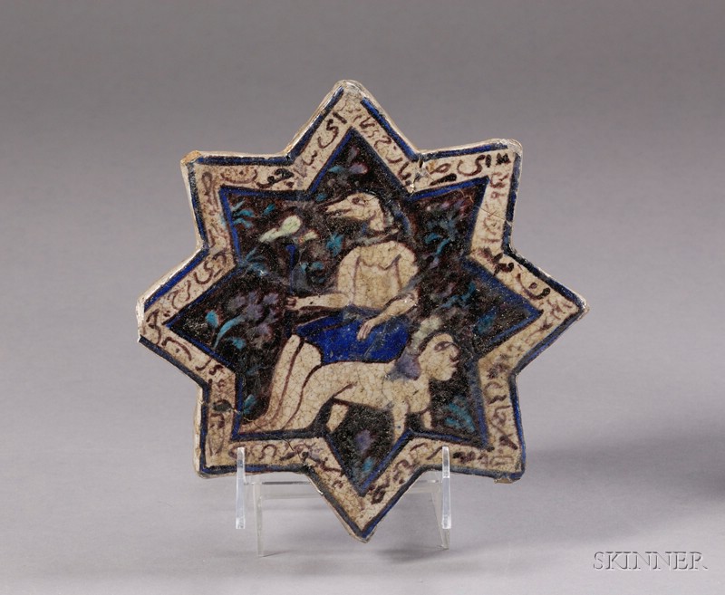 Appraisal: Stoneware Tile Persia th century Kashan ware star-shape with purple