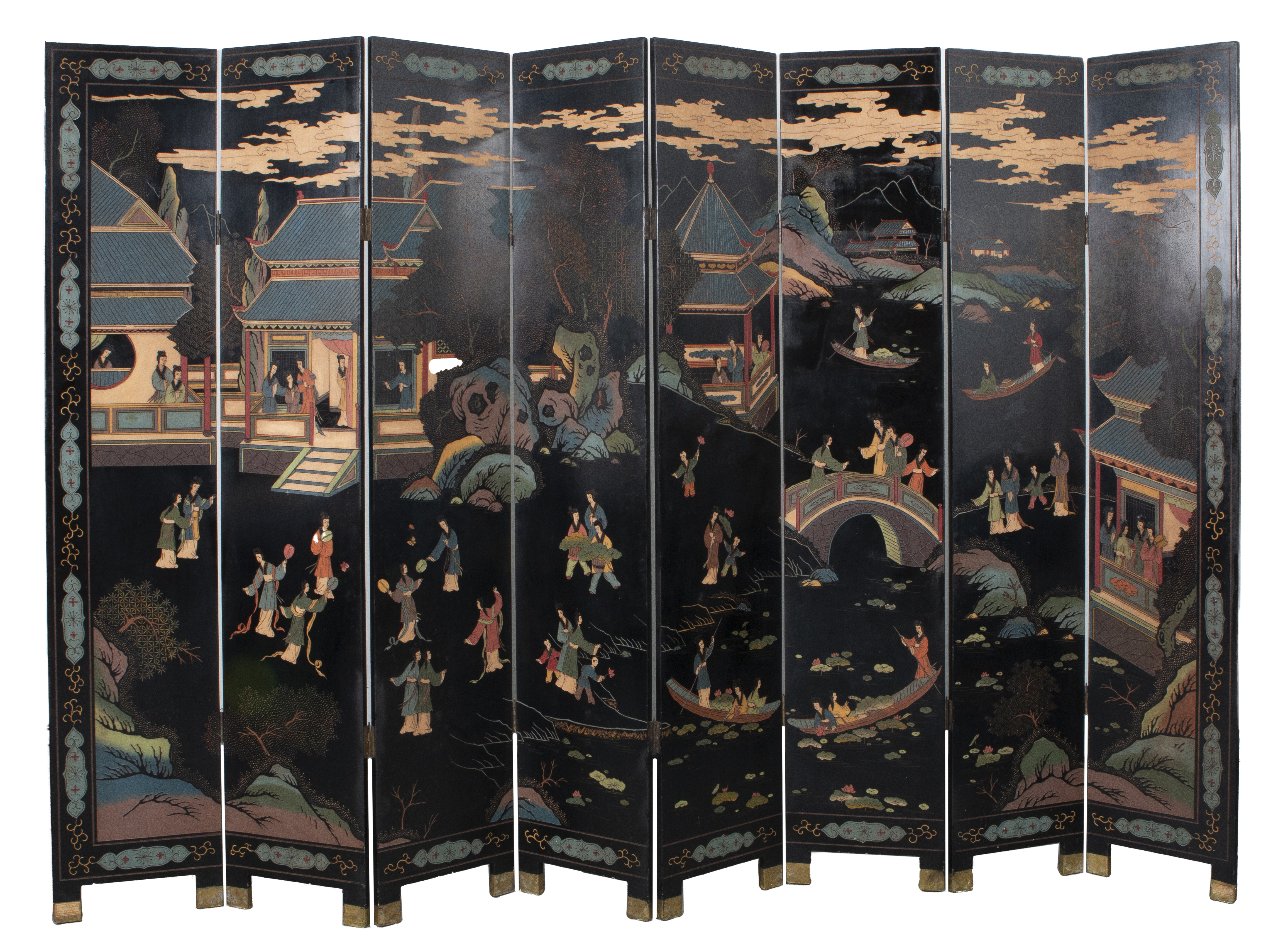 Appraisal: CHINESE COROMANDEL LACQUER EIGHT PANEL SCREEN Chinese black coromandel lacquer