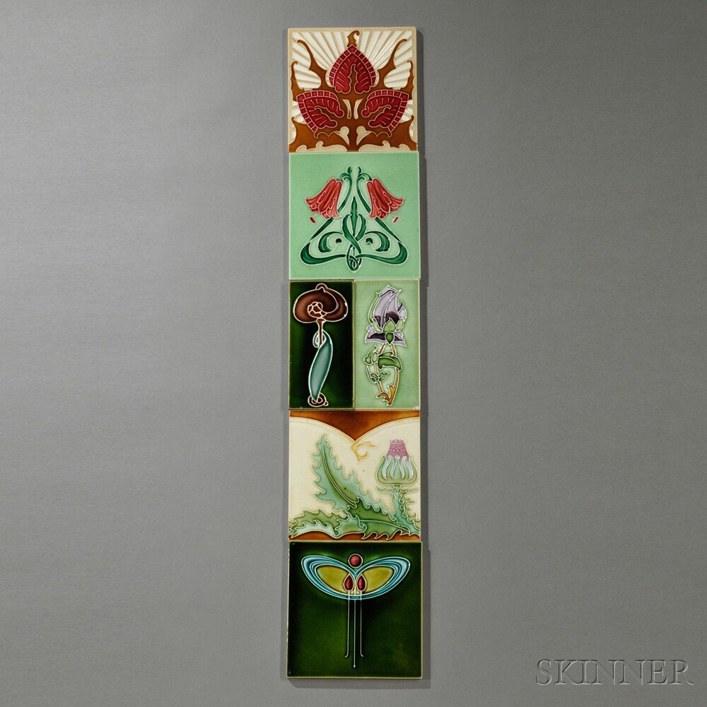 Appraisal: Six Art Nouveau Tiles Glazed ceramic Belgium and England early