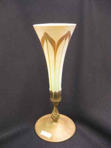 Appraisal: Tiffany Favrile Art glass Vase bronze base iridescent pulled feather