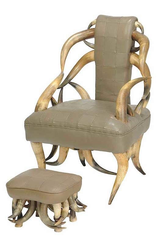 Appraisal: Leather Steer Horn Armchair and Footrest late th century taupe