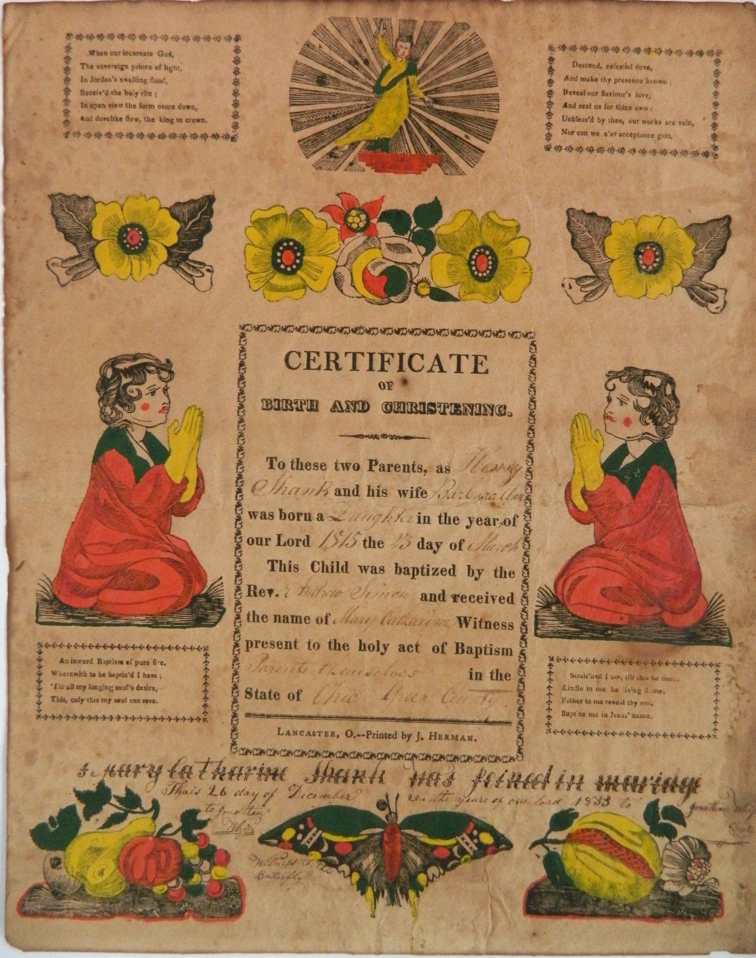 Appraisal: th c Fraktur Certificate of Birth and Christening of Mary