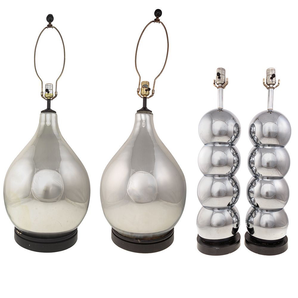 Appraisal: Two Pairs Of Modern Lamps Pair molded ovoid mirrored glass