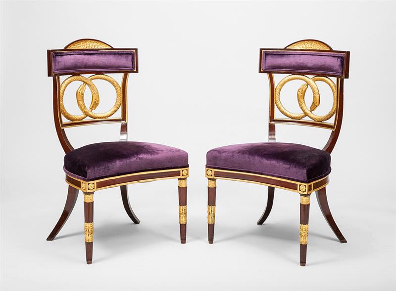 Appraisal: Pair of Russian Neoclassical Style Mahogany and Parcel-Gilt Concave-Fronted Side