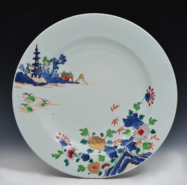 Appraisal: A CHINESE LARGE WALL PLATE famille rose enamels with pagoda