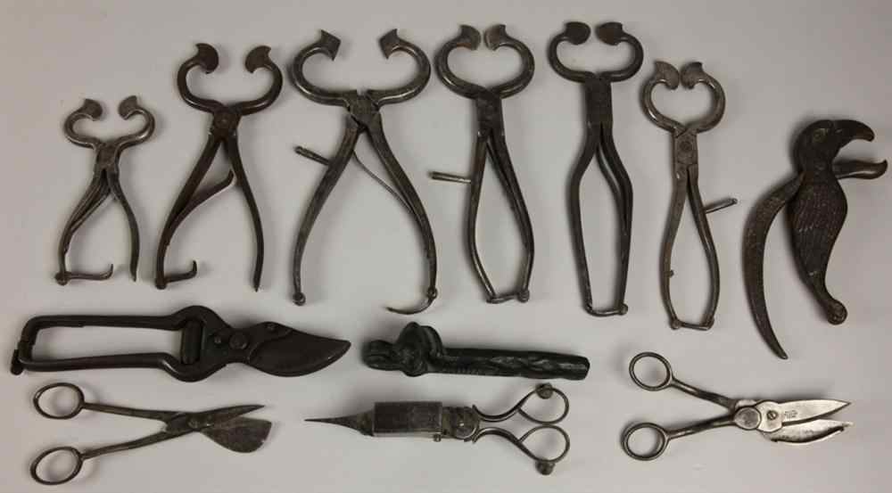 Appraisal: GROUP OF TOOLS AND IMPLEMENTS Including a snuffer scissors marked