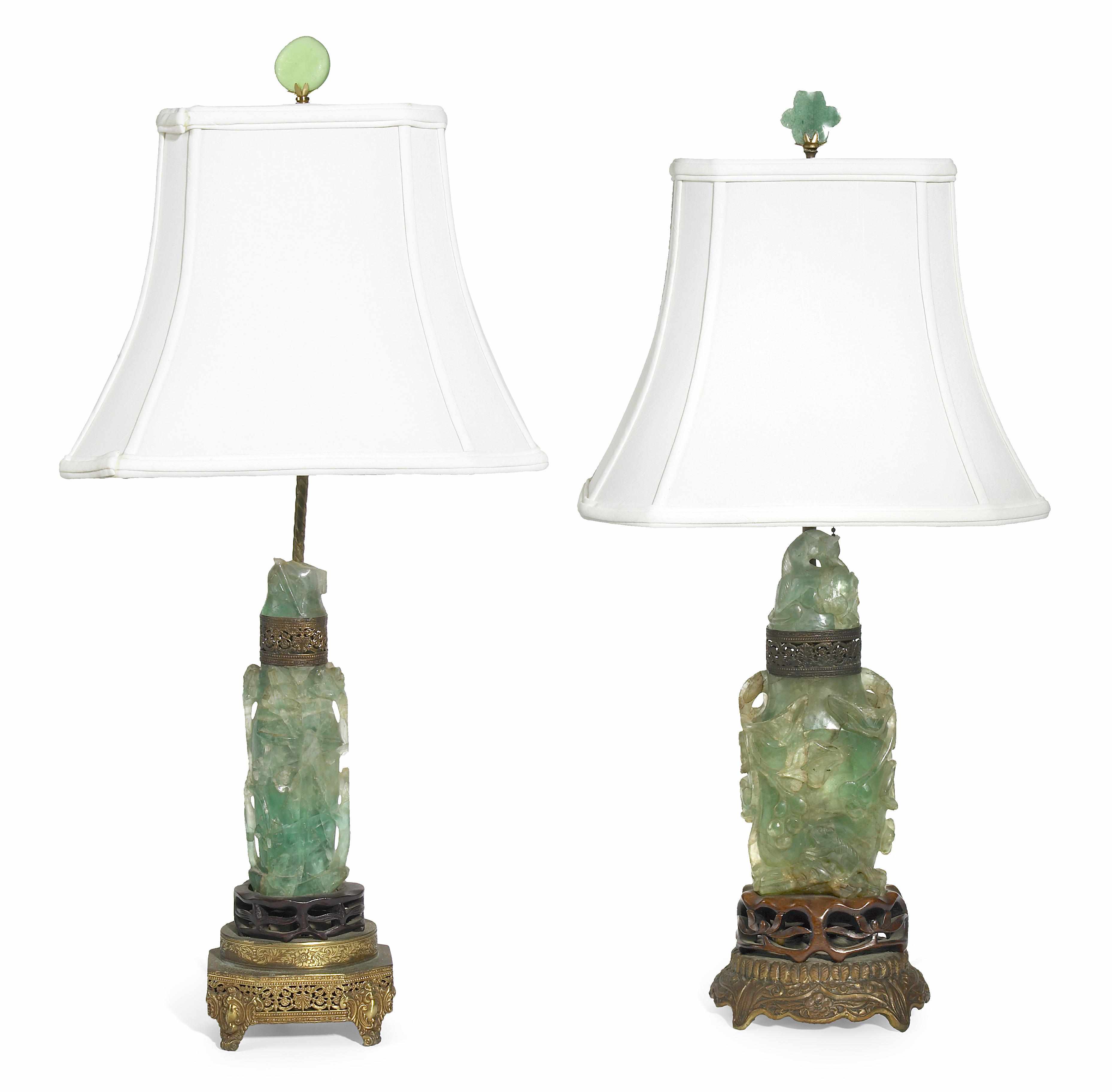 Appraisal: Two Chinese carved fluorite and gilt-metal table lamps the jars