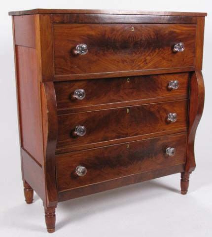 Appraisal: Early four drawer chest with crotch cut mahogany veneer drawer