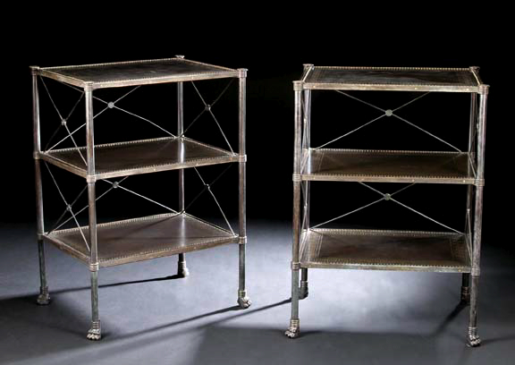 Appraisal: Pair of Empire-Style Patinated Bronze Tiered Tables each fitted with