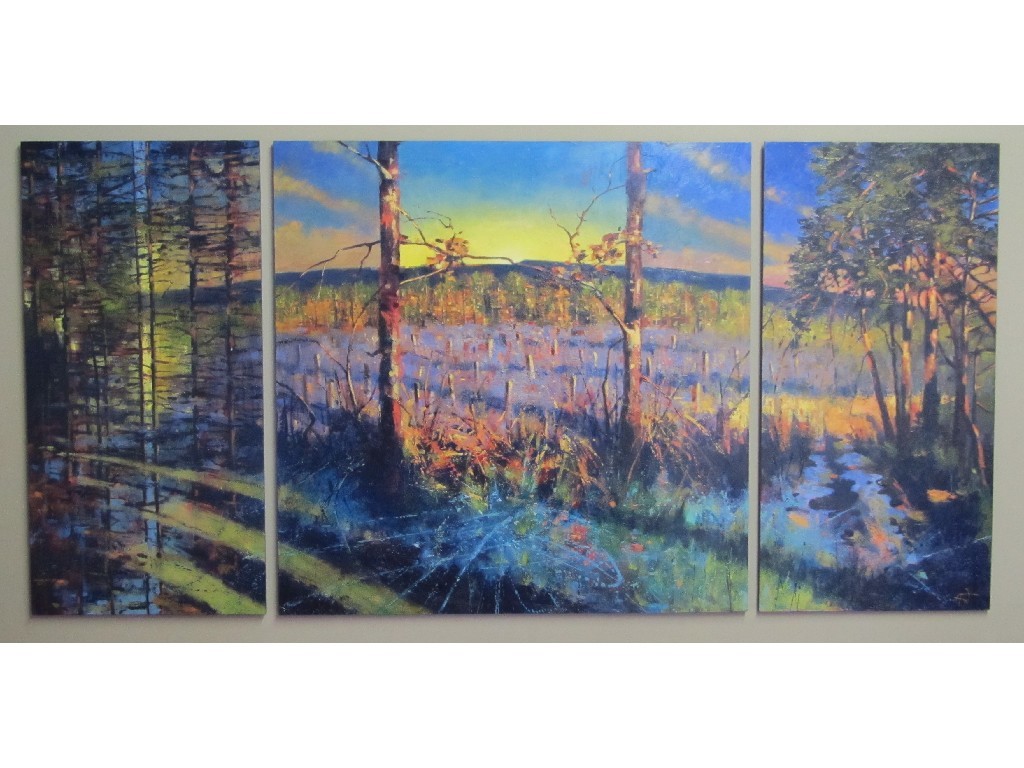 Appraisal: ALASTAIR FIDDES WATT b SUNRISE IN BORDER WOODLAND TRIPTYCH Oil