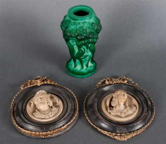 Appraisal: Malachite glass bacchanal vase and a pair of molded terracotta