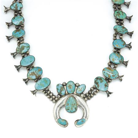 Appraisal: Native American Silver and Turquoise Squash Blossom Necklace Estimate -