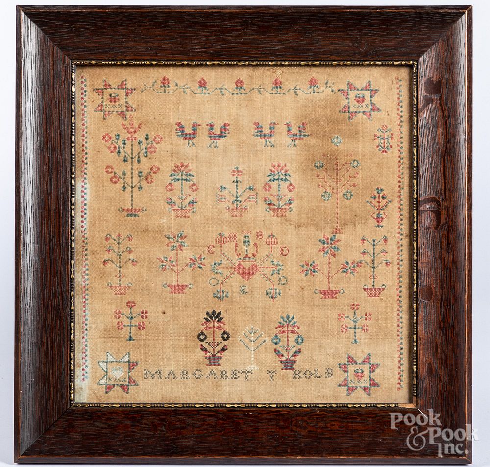 Appraisal: Pennsylvania silk on linen sampler th c Pennsylvania silk on