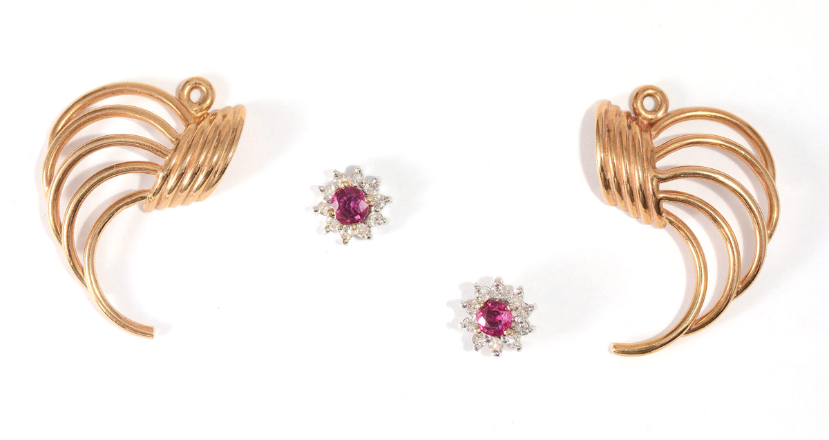 Appraisal: K RUBY DIAMOND EARRINGS WITH JACKETS Two looks with stud