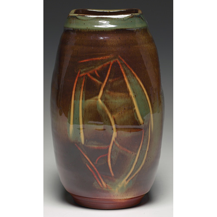 Appraisal: Edgar Littlefield vase four-sided form with incised stylized figures on