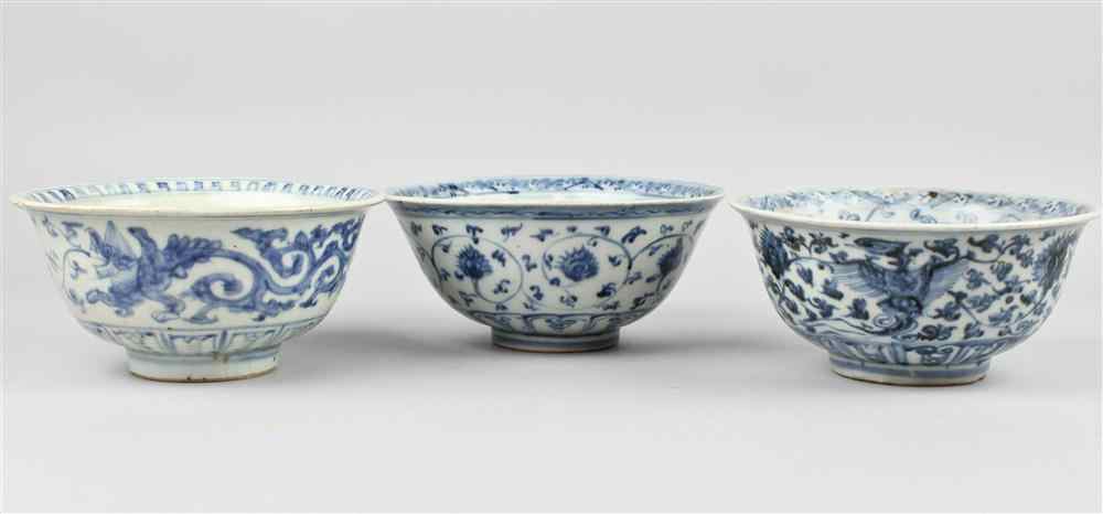 Appraisal: THREE BLUE AND WHITE BOWLS MING DYNASTY all potted with