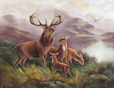 Appraisal: Robert Cleminson fl - Stag and deer by a lake