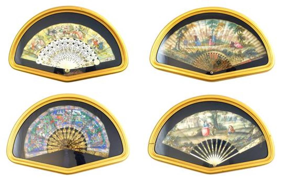 Appraisal: Painted fans in matching custom gilt frames four total including