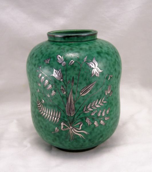 Appraisal: Gustavsberg Pottery Vase w silver overlay Mid century turquoise Swedish