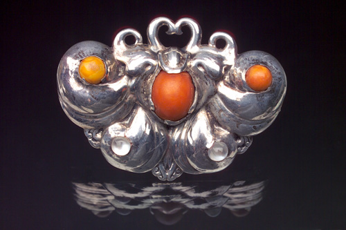 Appraisal: MARIUS HAMMER SKONVIRKE Butterfly brooch in sterling with amber and