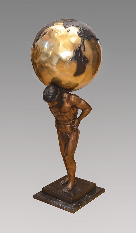 Appraisal: BRONZE SCULPTURE OF ATLAS WITH GLOBE Contemporary decorative figure of