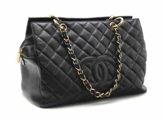 Appraisal: A Chanel Black Caviar Leather Tote Bag chainlink straps logo