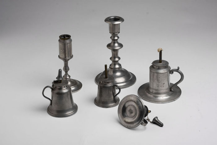 Appraisal: SIX AMERICAN PEWTER LIGHTING DEVICES Including a candlestick marked quot