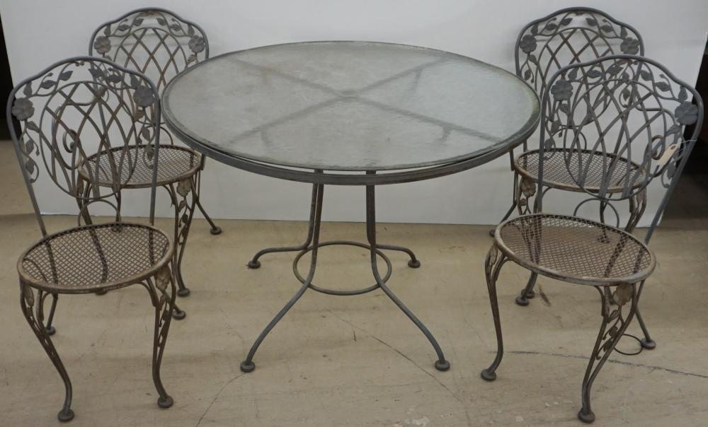 Appraisal: Patinated Iron and Glass Top Outdoor Table and Four Chairs