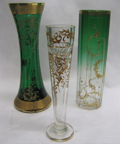 Appraisal: THREE VICTORIAN GOLD OVERLAY VASES One a green glass tapered