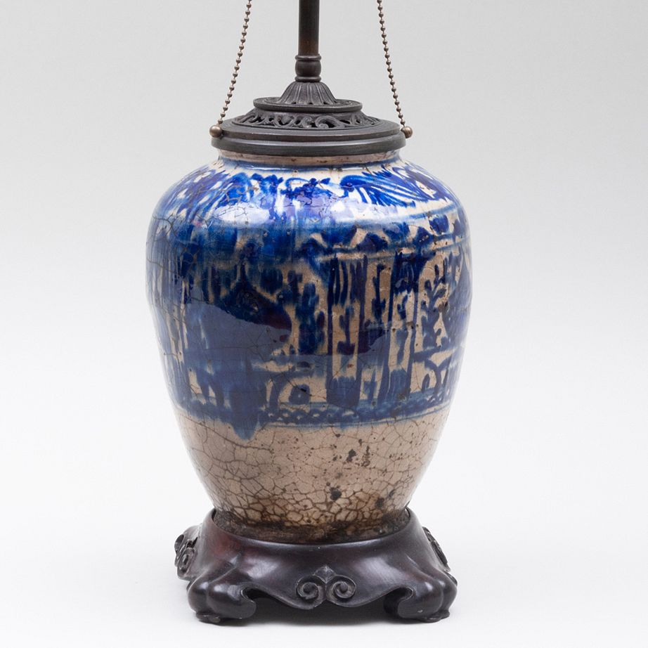 Appraisal: Persian Glazed Pottery Jar Mounted as a Lamp The jar