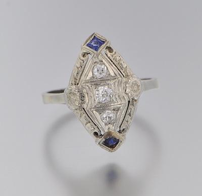 Appraisal: A Deco Style Diamond and Sapphire Ring k white gold