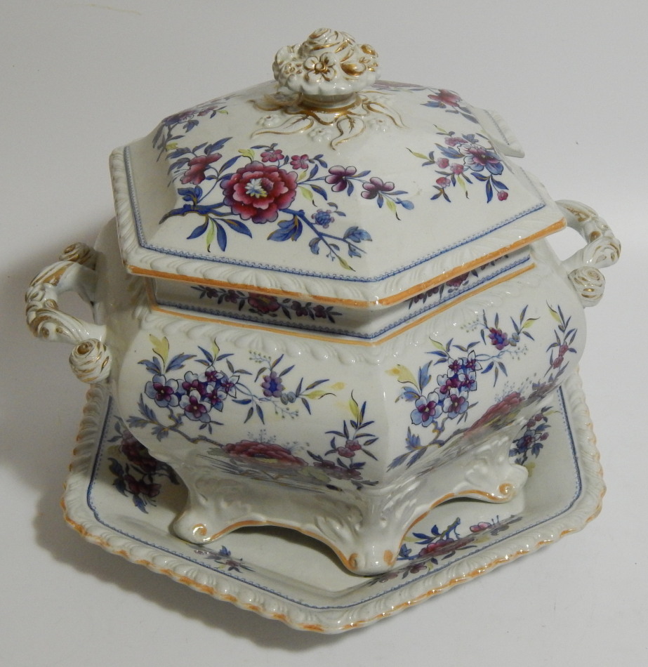 Appraisal: A Victorian ironstone hexagonal tureen with stand and cover by